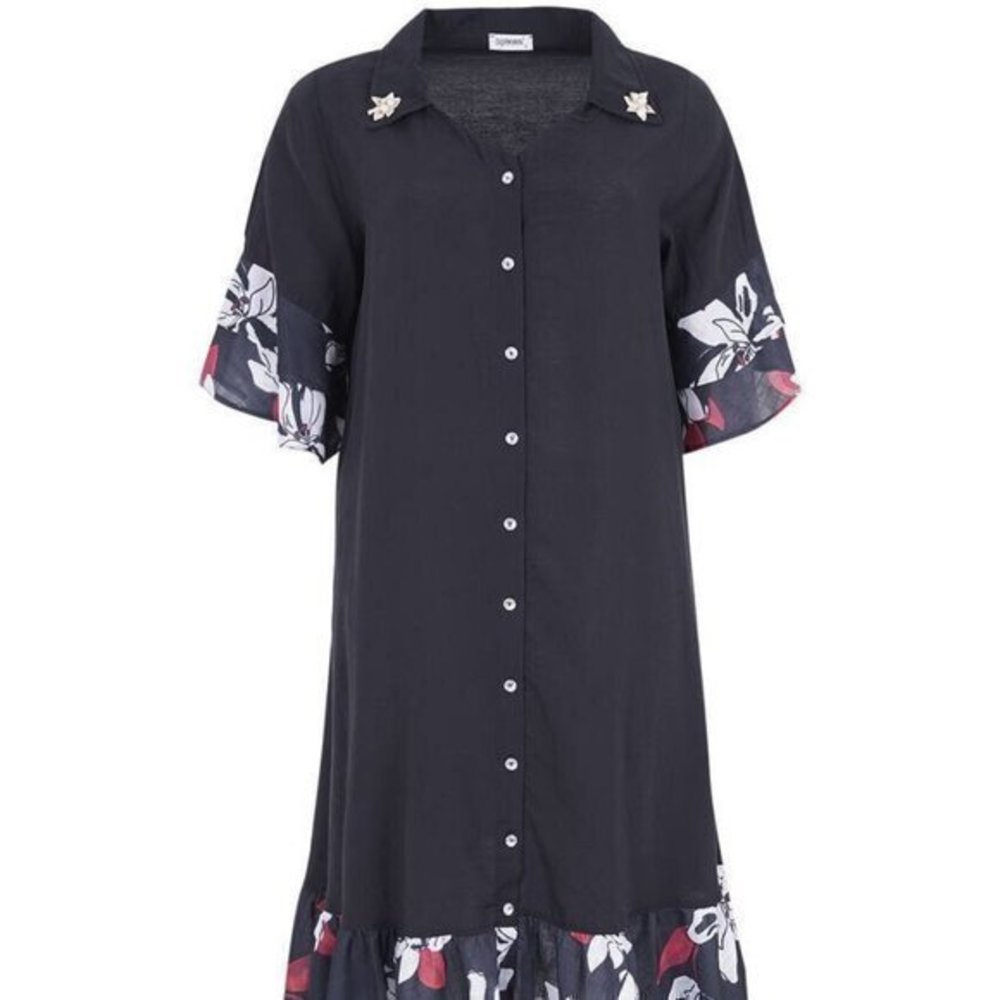 NEW Designer Black Cotton Dress With Flowers Accents Front Buttons XL XXL SALE